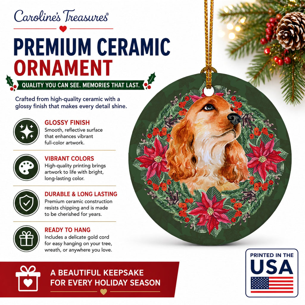 Cocker Spaniel Poinsetta Wreath Ceramic Ornament Christmas Tree Hanging Decorations for Home Christmas Holiday, Party, Gift, 3 in, Multicolor