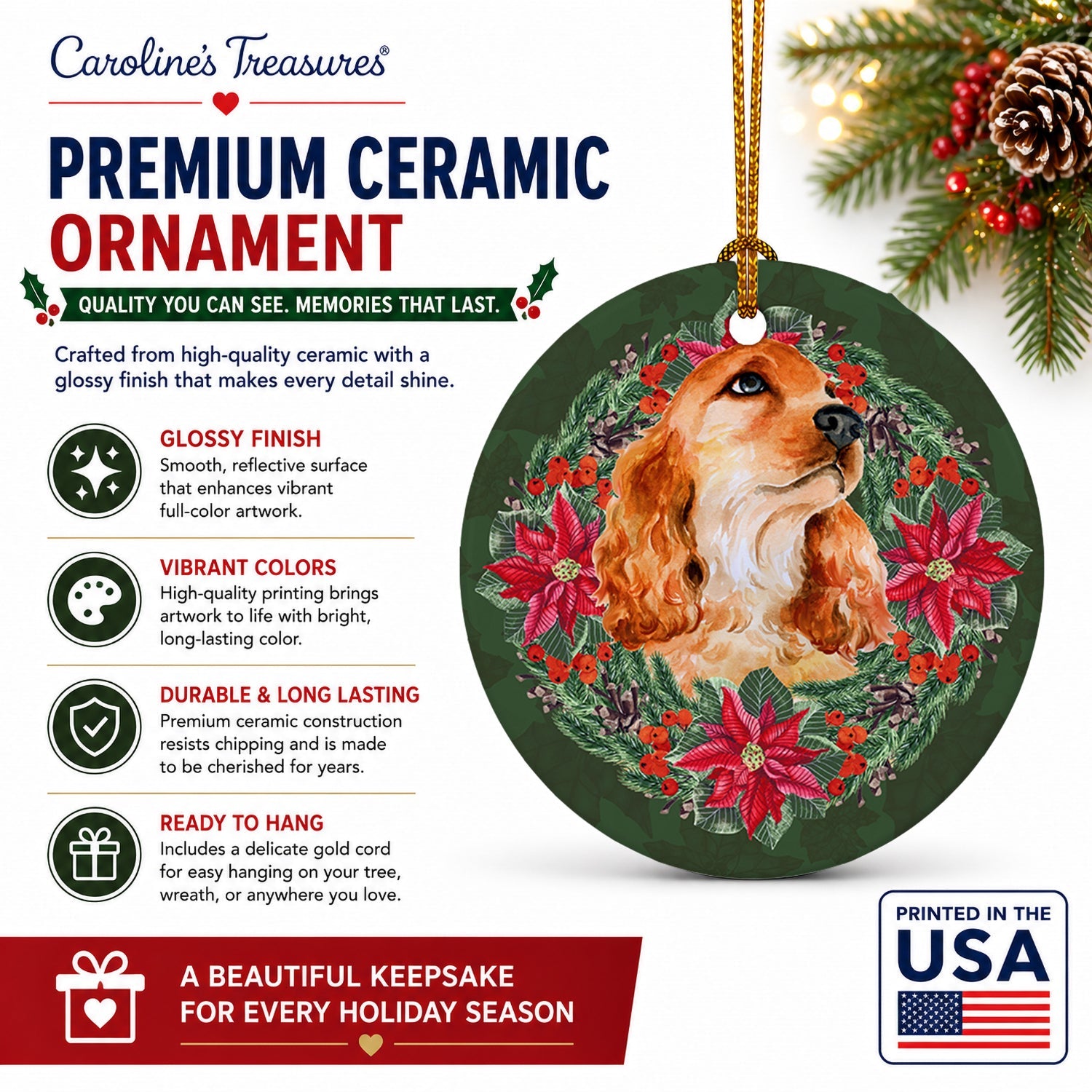Cocker Spaniel Poinsetta Wreath Ceramic Ornament Christmas Tree Hanging Decorations for Home Christmas Holiday, Party, Gift, 3 in, Multicolor