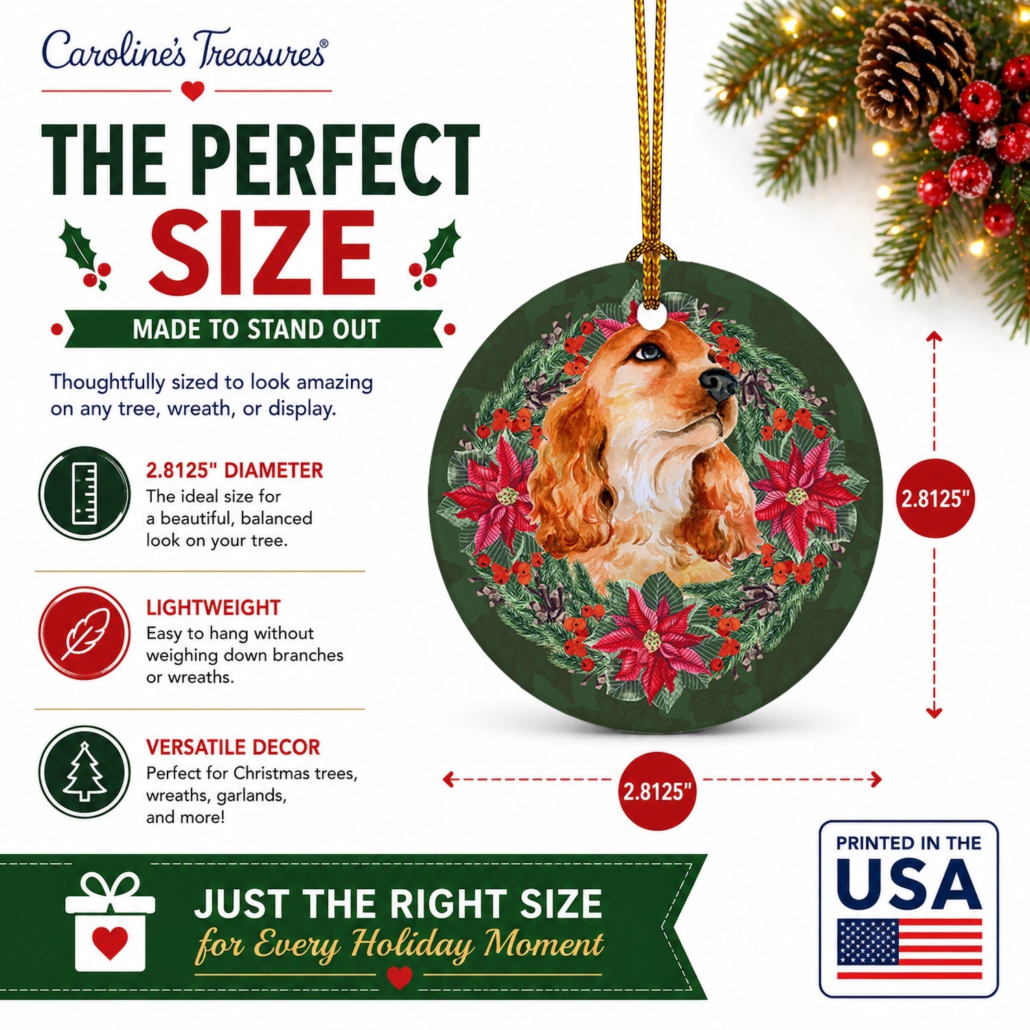 Cocker Spaniel Poinsetta Wreath Ceramic Ornament Christmas Tree Hanging Decorations for Home Christmas Holiday, Party, Gift, 3 in, Multicolor