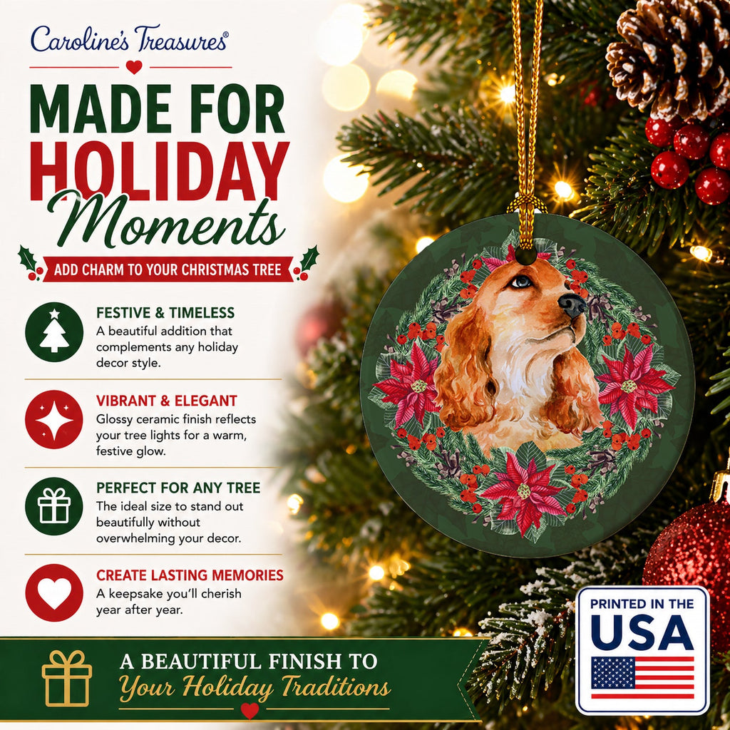 Cocker Spaniel Poinsetta Wreath Ceramic Ornament Christmas Tree Hanging Decorations for Home Christmas Holiday, Party, Gift, 3 in, Multicolor