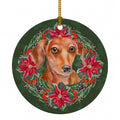 Red Dachshund Poinsetta Wreath Ceramic Ornament Christmas Tree Hanging Decorations for Home Christmas Holiday, Party, Gift, 3 in, Multicolor