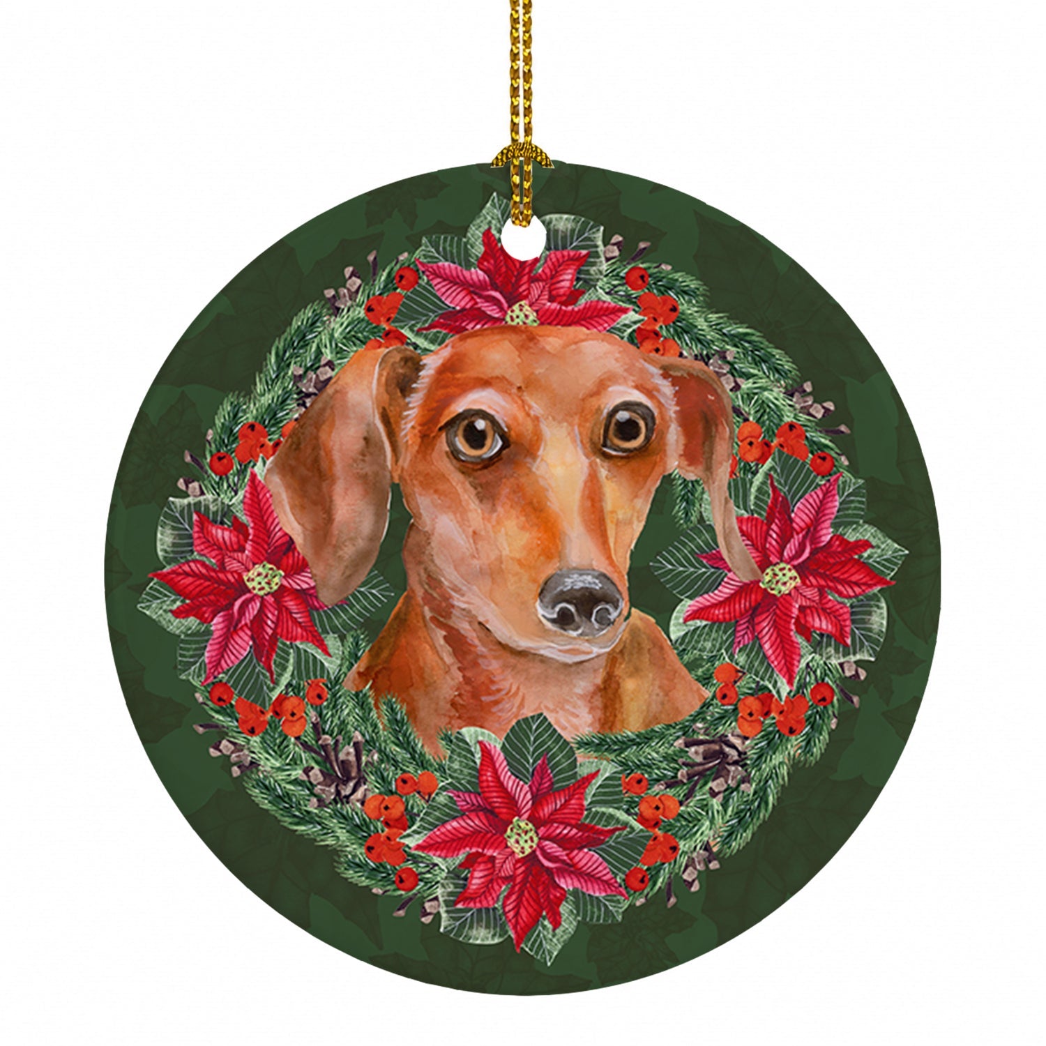 Red Dachshund Poinsetta Wreath Ceramic Ornament Christmas Tree Hanging Decorations for Home Christmas Holiday, Party, Gift, 3 in, Multicolor