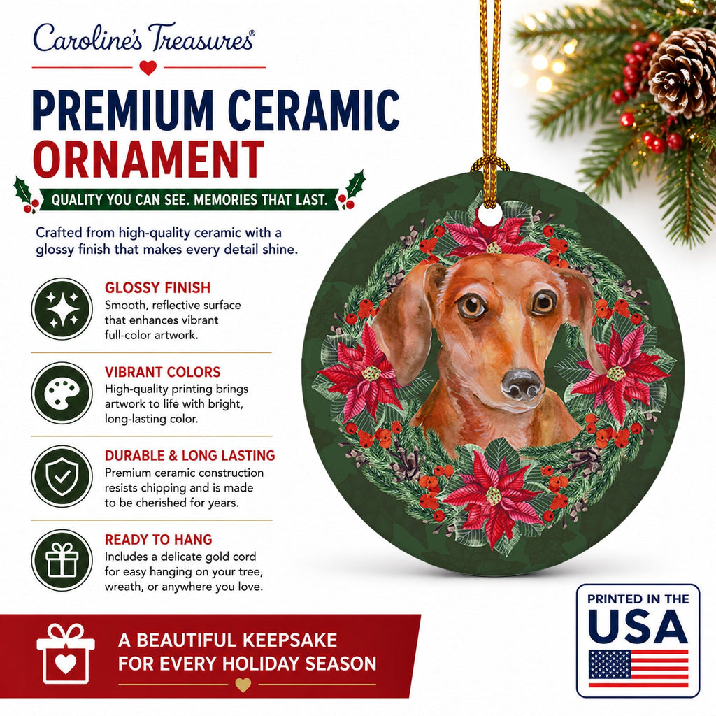 Red Dachshund Poinsetta Wreath Ceramic Ornament Christmas Tree Hanging Decorations for Home Christmas Holiday, Party, Gift, 3 in, Multicolor