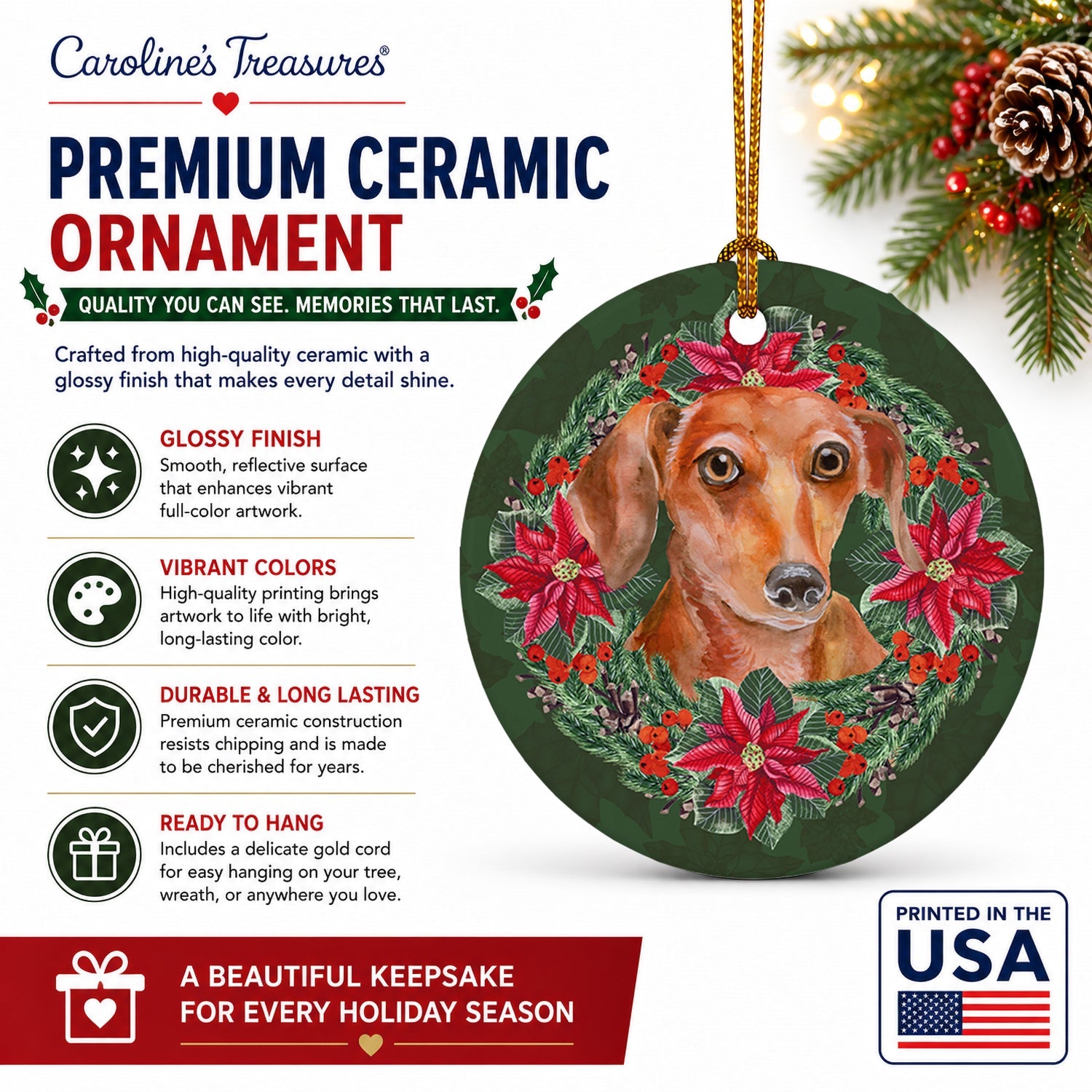 Red Dachshund Poinsetta Wreath Ceramic Ornament Christmas Tree Hanging Decorations for Home Christmas Holiday, Party, Gift, 3 in, Multicolor