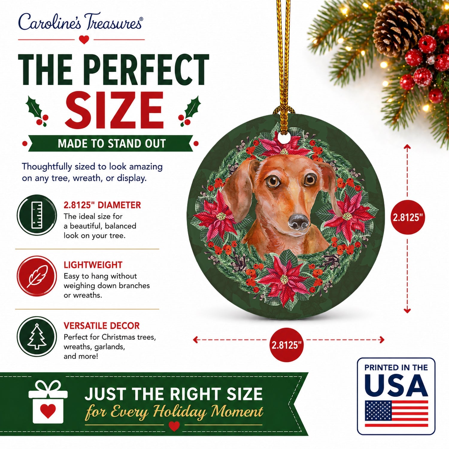 Red Dachshund Poinsetta Wreath Ceramic Ornament Christmas Tree Hanging Decorations for Home Christmas Holiday, Party, Gift, 3 in, Multicolor