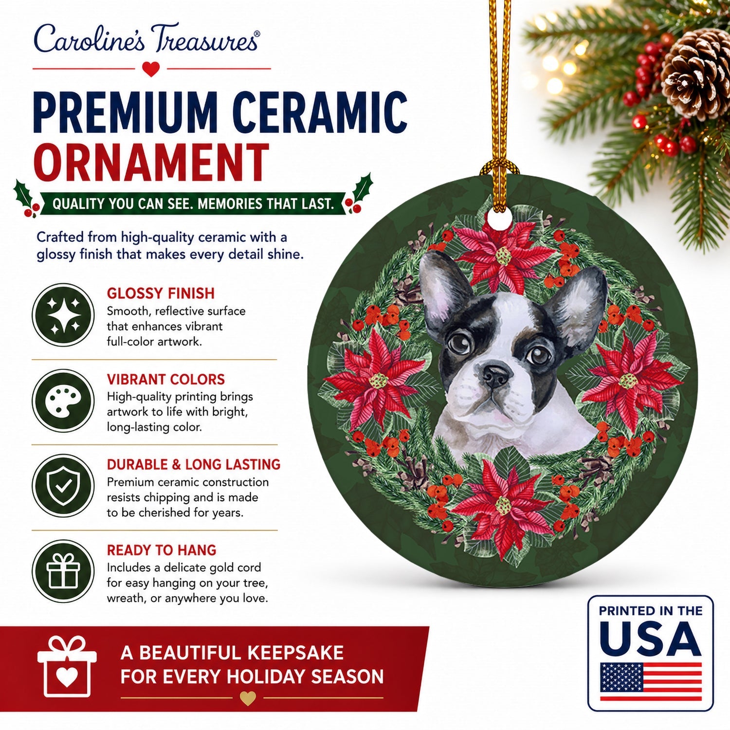 French Bulldog Black White Poinsetta Wreath Ceramic Ornament Christmas Tree Hanging Decorations for Home Christmas Holiday, Party, Gift, 3 in, Multicolor