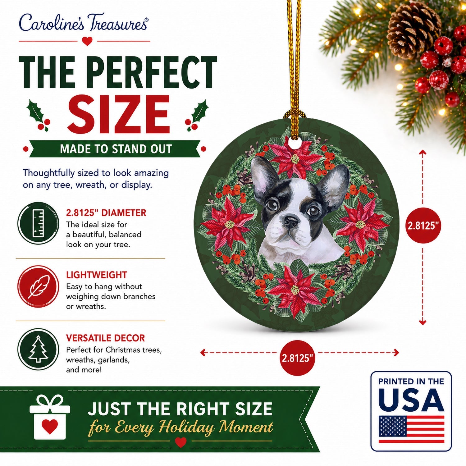 French Bulldog Black White Poinsetta Wreath Ceramic Ornament Christmas Tree Hanging Decorations for Home Christmas Holiday, Party, Gift, 3 in, Multicolor