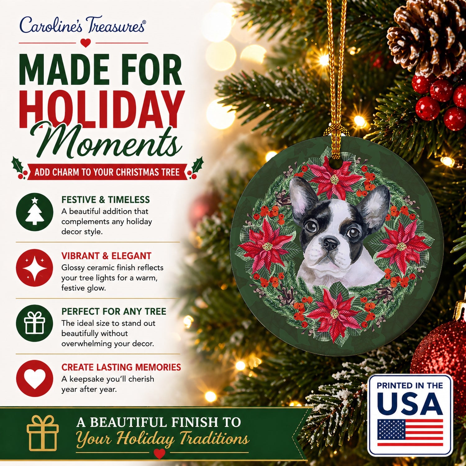 French Bulldog Black White Poinsetta Wreath Ceramic Ornament Christmas Tree Hanging Decorations for Home Christmas Holiday, Party, Gift, 3 in, Multicolor