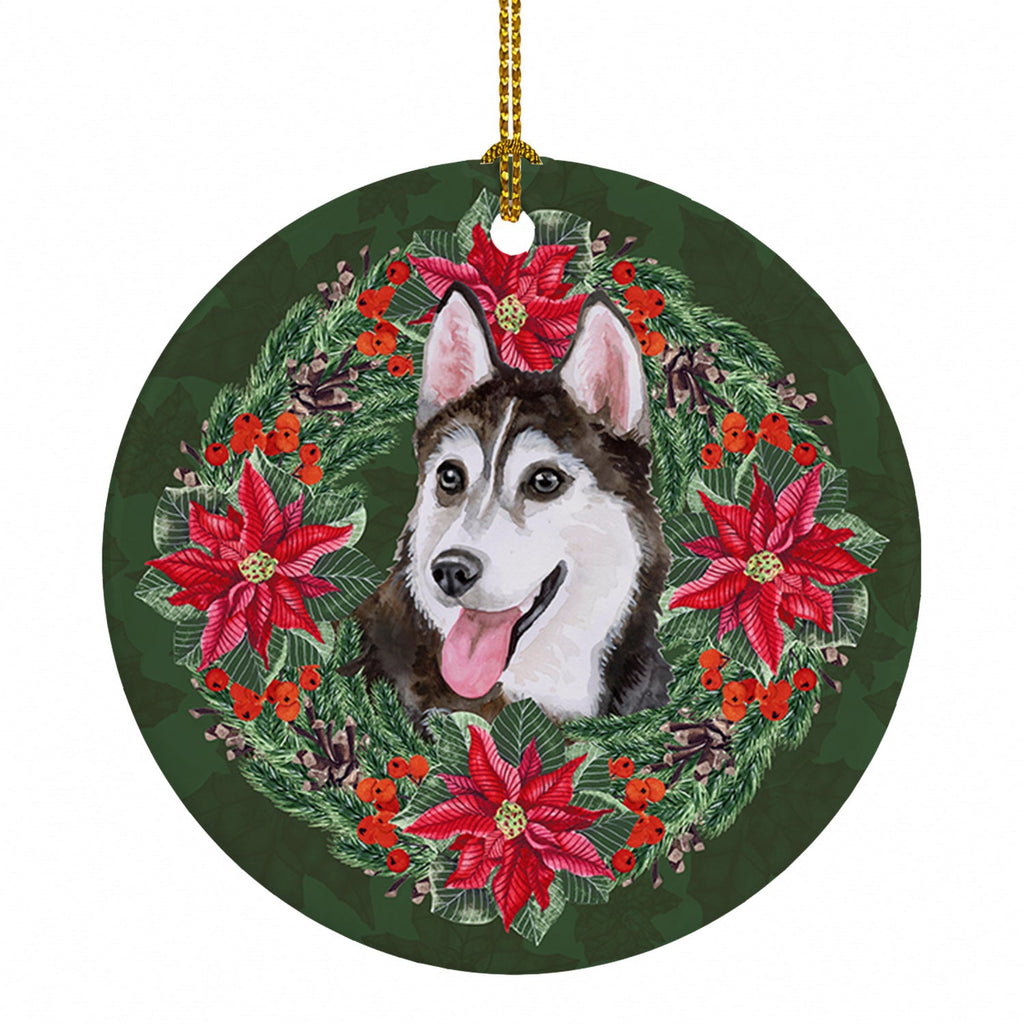Siberian Husky #2 Poinsetta Wreath Ceramic Ornament Christmas Tree Hanging Decorations for Home Christmas Holiday, Party, Gift, 3 in, Multicolor