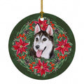 Siberian Husky #2 Poinsetta Wreath Ceramic Ornament Christmas Tree Hanging Decorations for Home Christmas Holiday, Party, Gift, 3 in, Multicolor