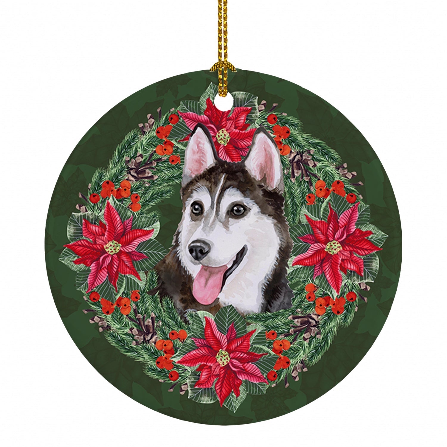 Siberian Husky #2 Poinsetta Wreath Ceramic Ornament Christmas Tree Hanging Decorations for Home Christmas Holiday, Party, Gift, 3 in, Multicolor
