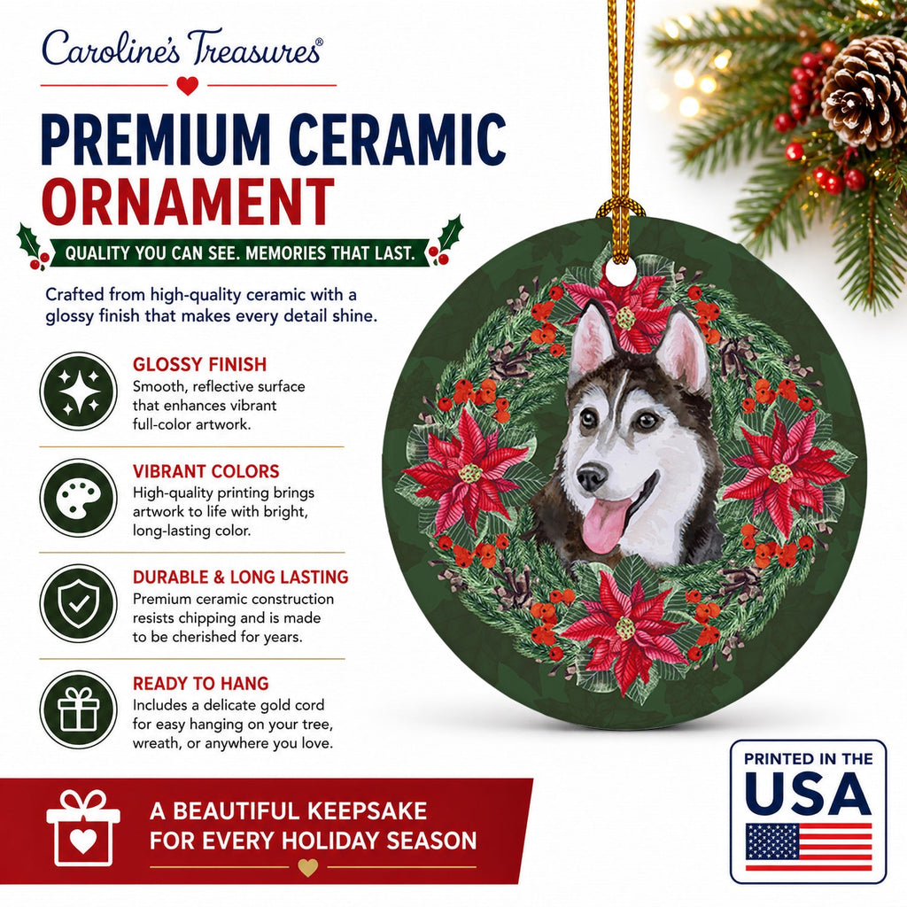 Siberian Husky #2 Poinsetta Wreath Ceramic Ornament Christmas Tree Hanging Decorations for Home Christmas Holiday, Party, Gift, 3 in, Multicolor