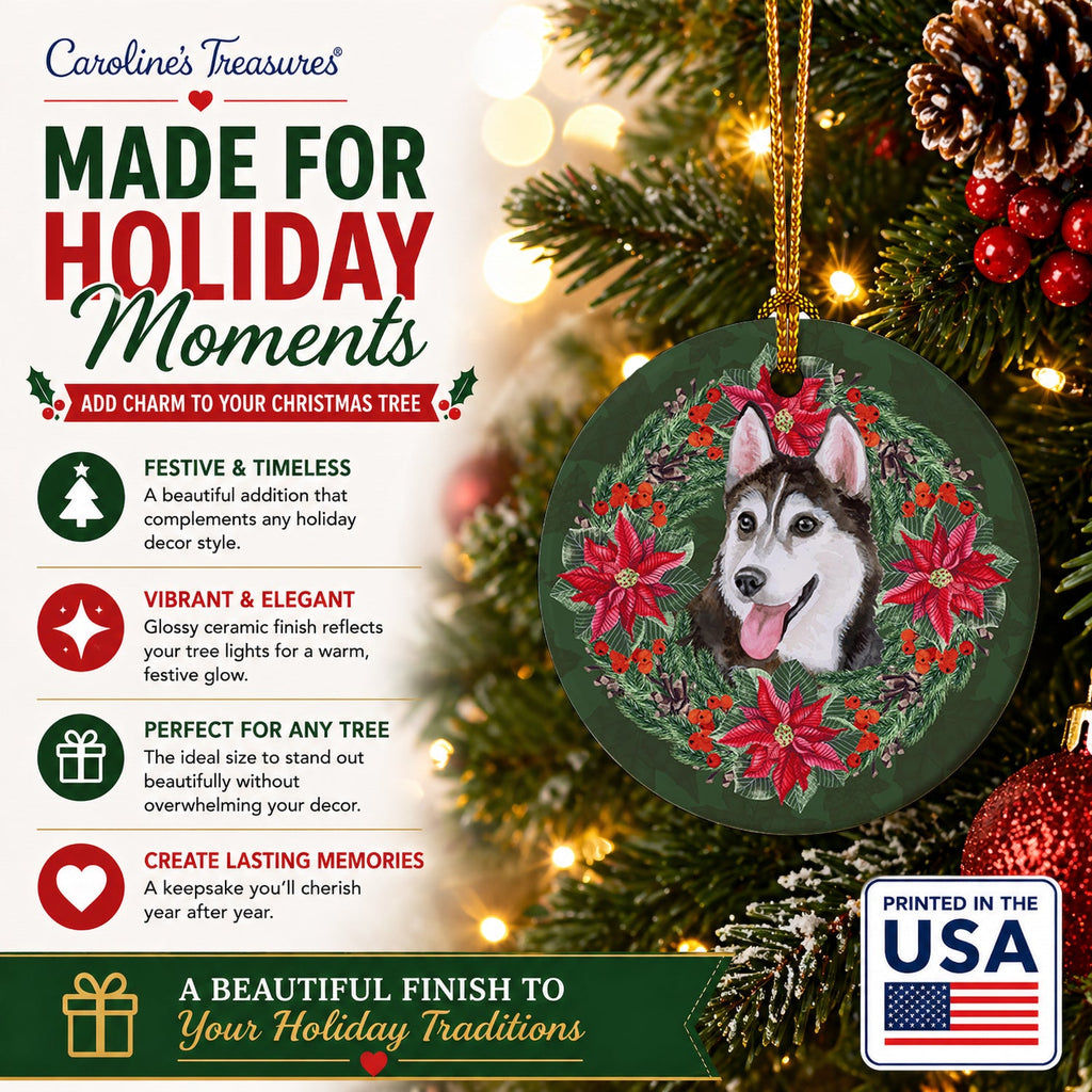 Siberian Husky #2 Poinsetta Wreath Ceramic Ornament Christmas Tree Hanging Decorations for Home Christmas Holiday, Party, Gift, 3 in, Multicolor