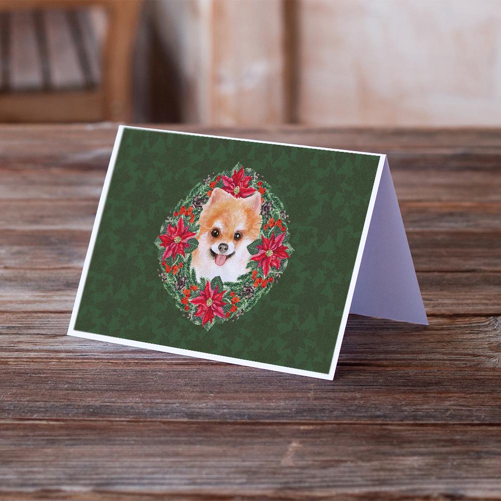 Pomeranian #2 Poinsetta Wreath Greeting Cards Pack of 8 Blank Cards with Envelopes Whimsical A7 Size 5x7