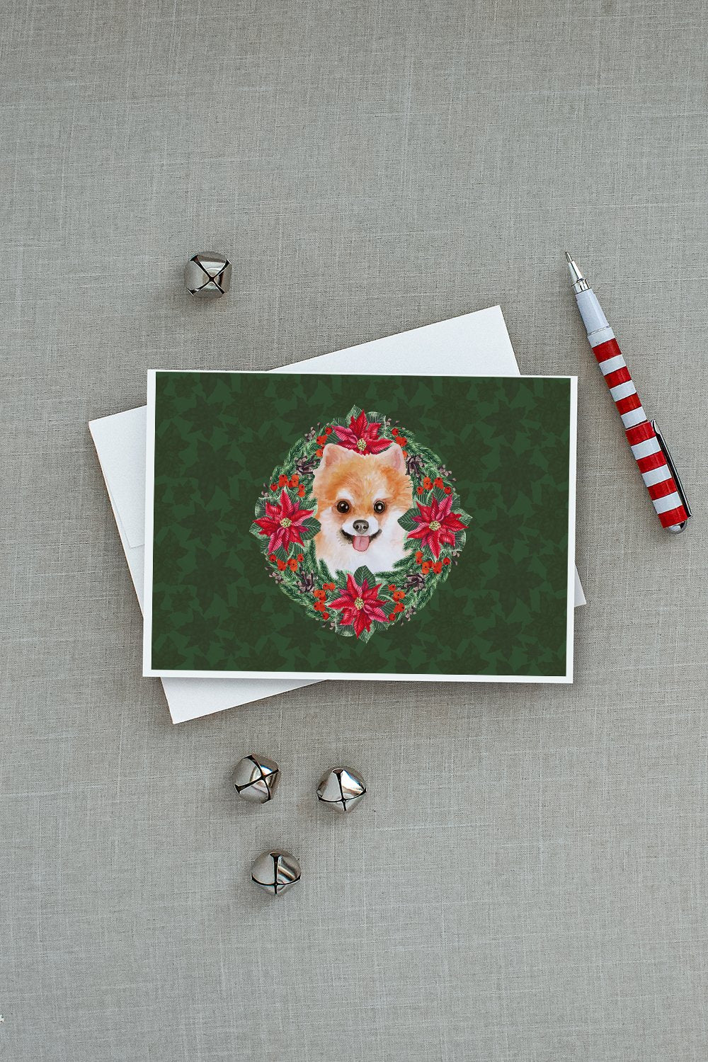 Pomeranian #2 Poinsetta Wreath Greeting Cards Pack of 8 Blank Cards with Envelopes Whimsical A7 Size 5x7