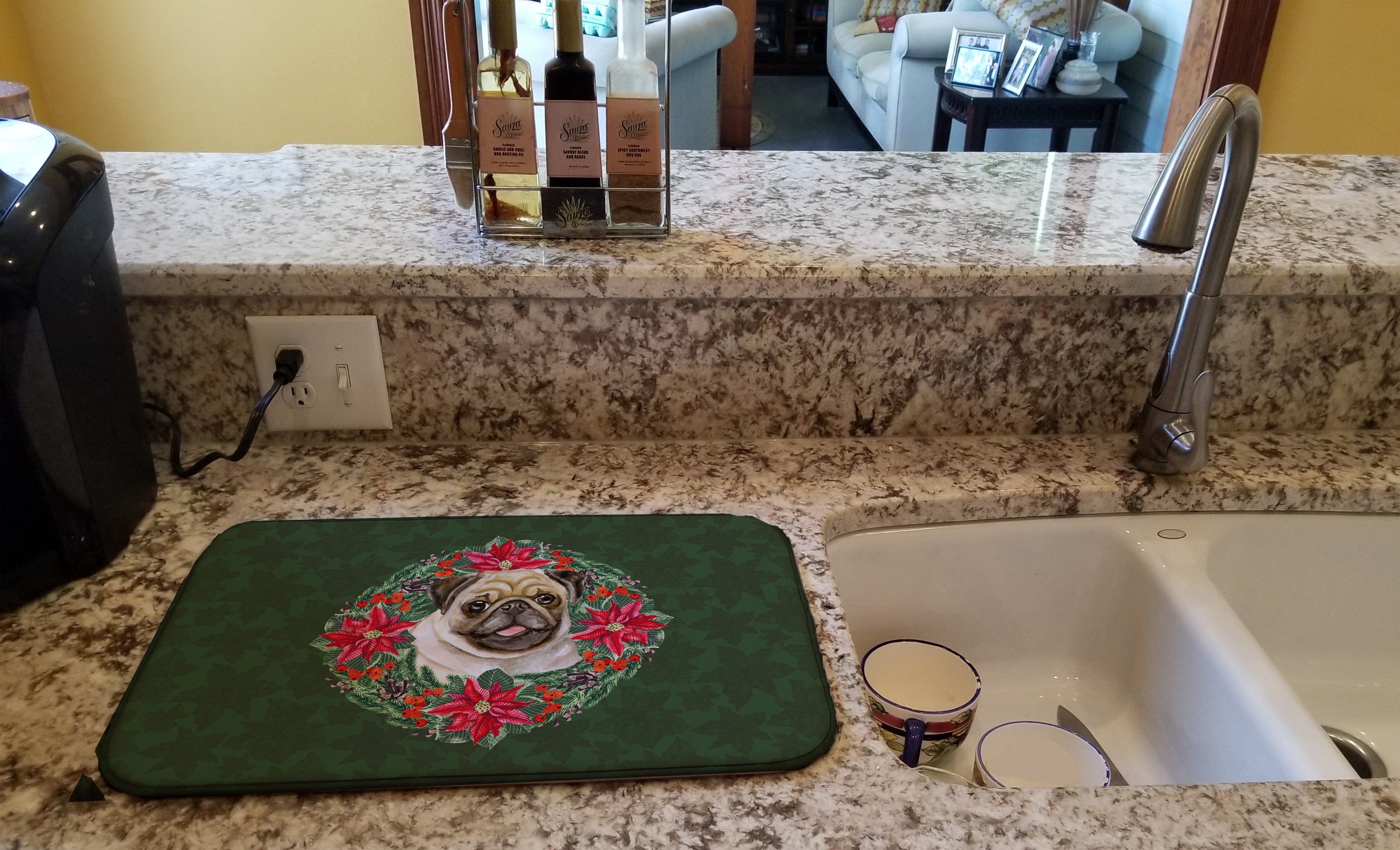 Fawn Pug Poinsetta Wreath Dish Drying Mat Absorbent Dish Drying Mat Pad for Kitchen Counter Dish Drainer Mat for Countertop, 14 x 21", Multicolor