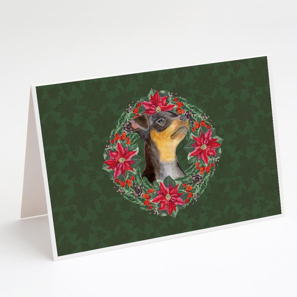 Miniature Pinscher #2 Poinsetta Wreath Greeting Cards Pack of 8 Blank Cards with Envelopes Whimsical A7 Size 5x7