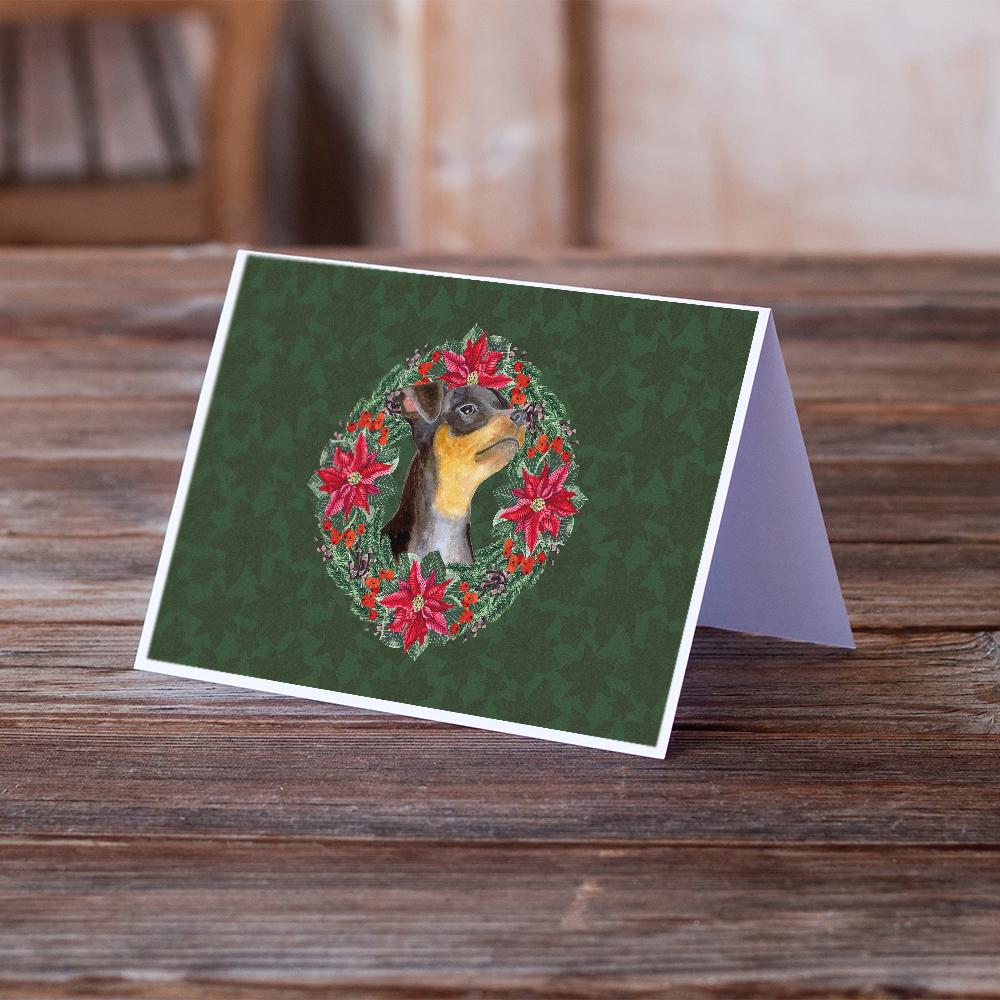 Miniature Pinscher #2 Poinsetta Wreath Greeting Cards Pack of 8 Blank Cards with Envelopes Whimsical A7 Size 5x7
