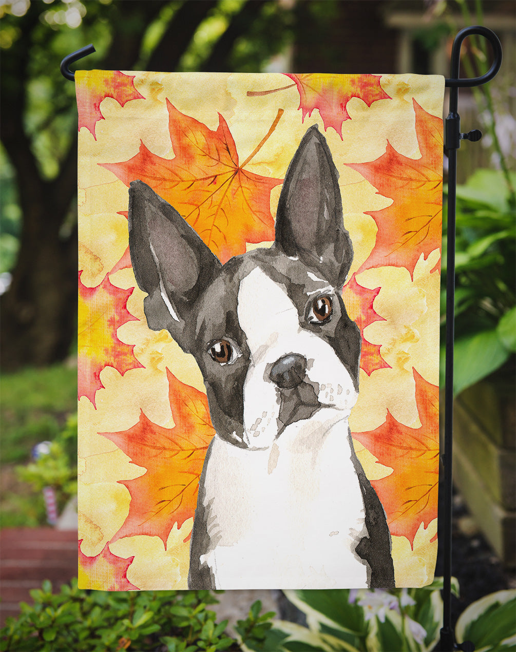 Fall Leaves Boston Terrier Garden Flag Mailbox Decorative Yard Banner Outside Patio Artwork for Flower Beds, Garden Size, Multicolor
