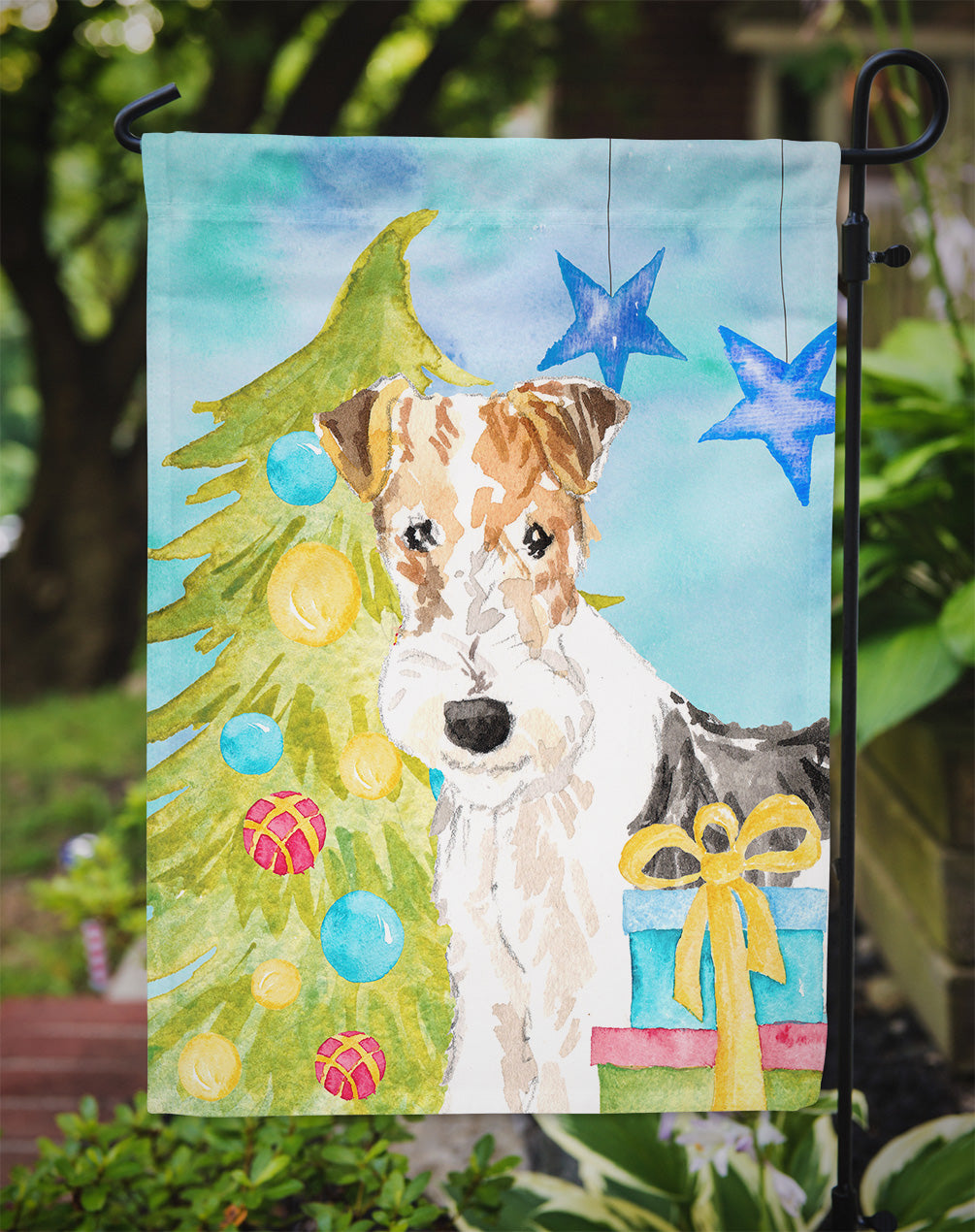 Christmas Tree Fox Terrier Garden Flag Mailbox Decorative Yard Banner Outside Patio Artwork for Flower Beds, Garden Size, Multicolor