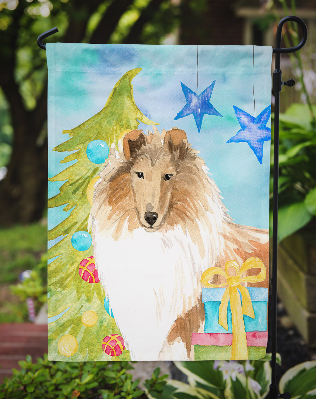 Christmas Tree Rough Collie Garden Flag Mailbox Decorative Yard Banner Outside Patio Artwork for Flower Beds, Garden Size, Multicolor