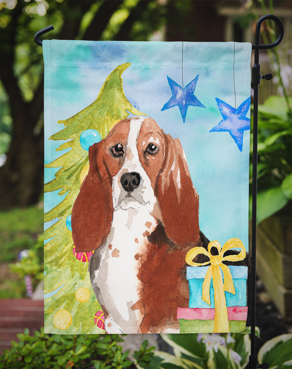 Christmas Tree Basset Hound Garden Flag Mailbox Decorative Yard Banner Outside Patio Artwork for Flower Beds, Garden Size, Multicolor