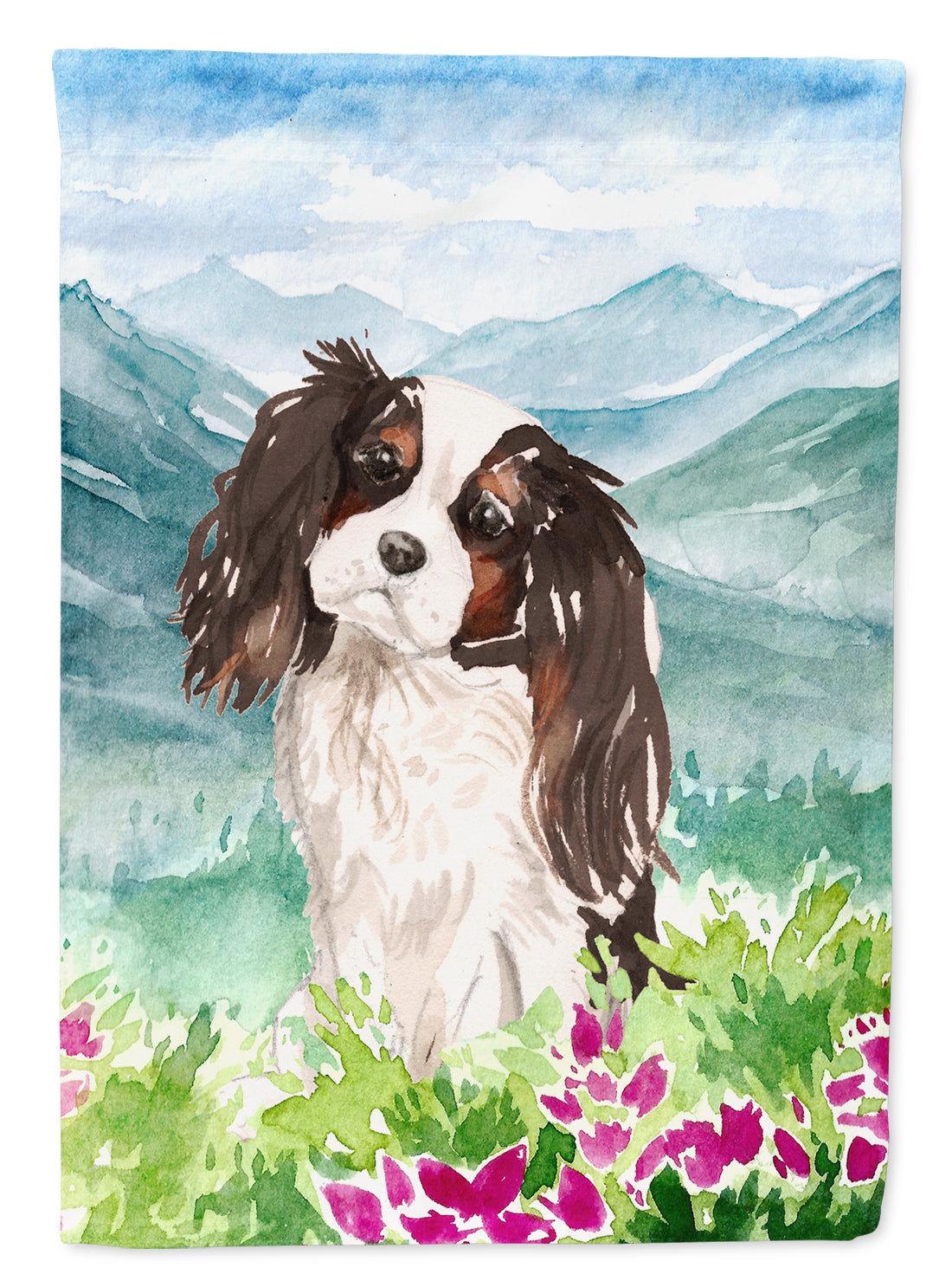 Mountian Flowers Tricolor Cavalier Spaniel House Flag 28x40 Porch Sleeve Pole Decorative Outside Yard Banner Artwork Wall Hanging, Polyester