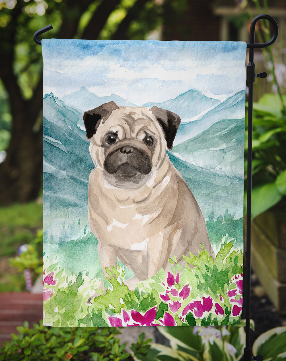 Mountian Flowers Fawn Pug Garden Flag Mailbox Decorative Yard Banner Outside Patio Artwork for Flower Beds, Garden Size, Multicolor