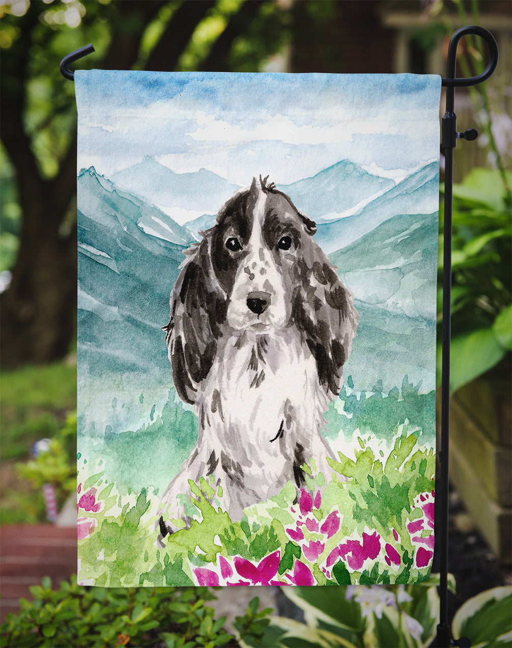 Mountian Flowers Black Parti Cocker Spaniel Garden Flag Mailbox Decorative Yard Banner Outside Patio Artwork for Flower Beds, Garden Size, Multicolor