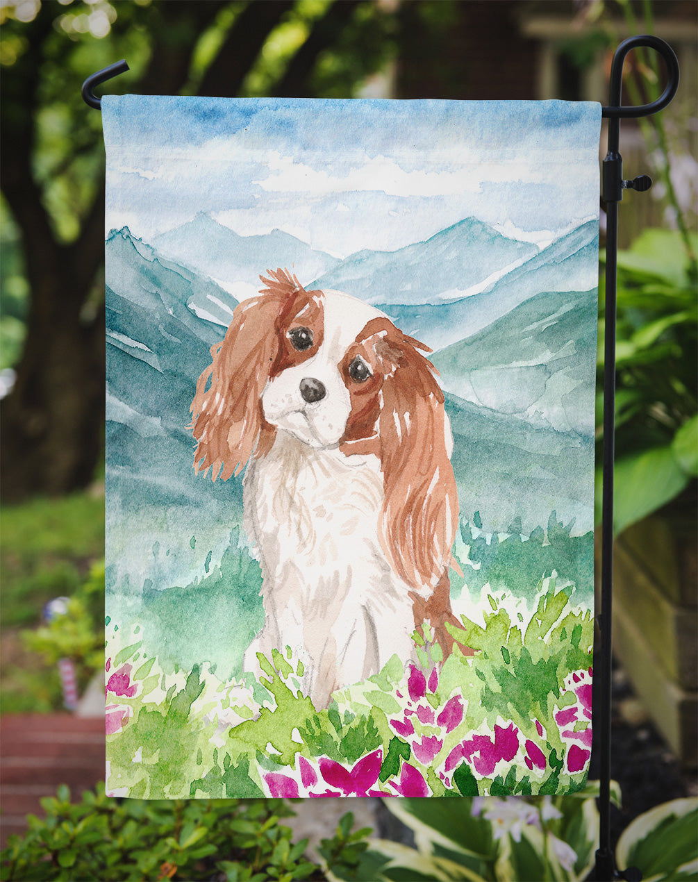 Mountian Flowers Blenheim Cavalier Spaniel Garden Flag Mailbox Decorative Yard Banner Outside Patio Artwork for Flower Beds, Garden Size, Multicolor