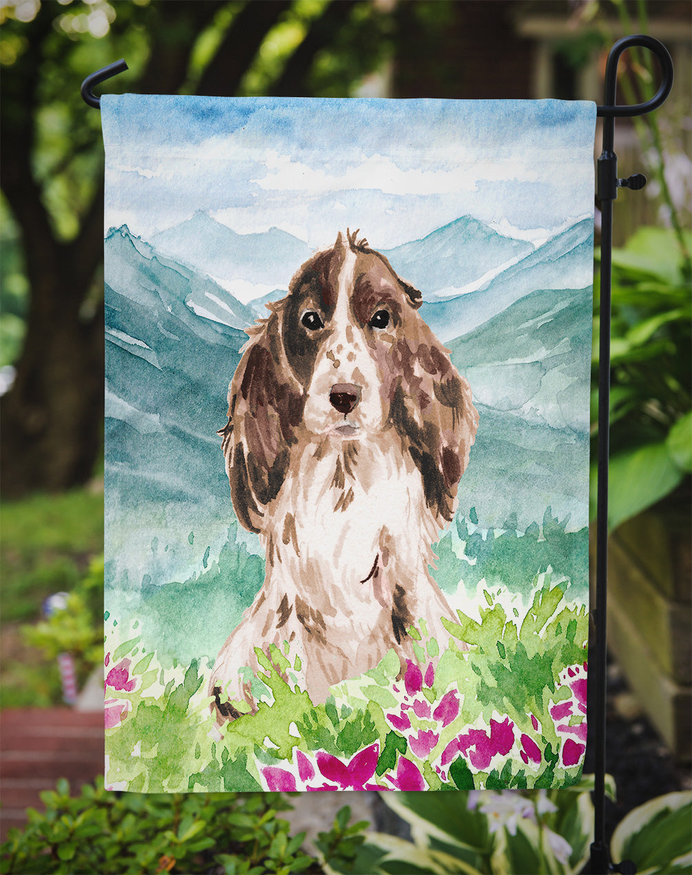 Mountian Flowers Chocolate Parti Cocker Spaniel Garden Flag Mailbox Decorative Yard Banner Outside Patio Artwork for Flower Beds, Garden Size, Multicolor