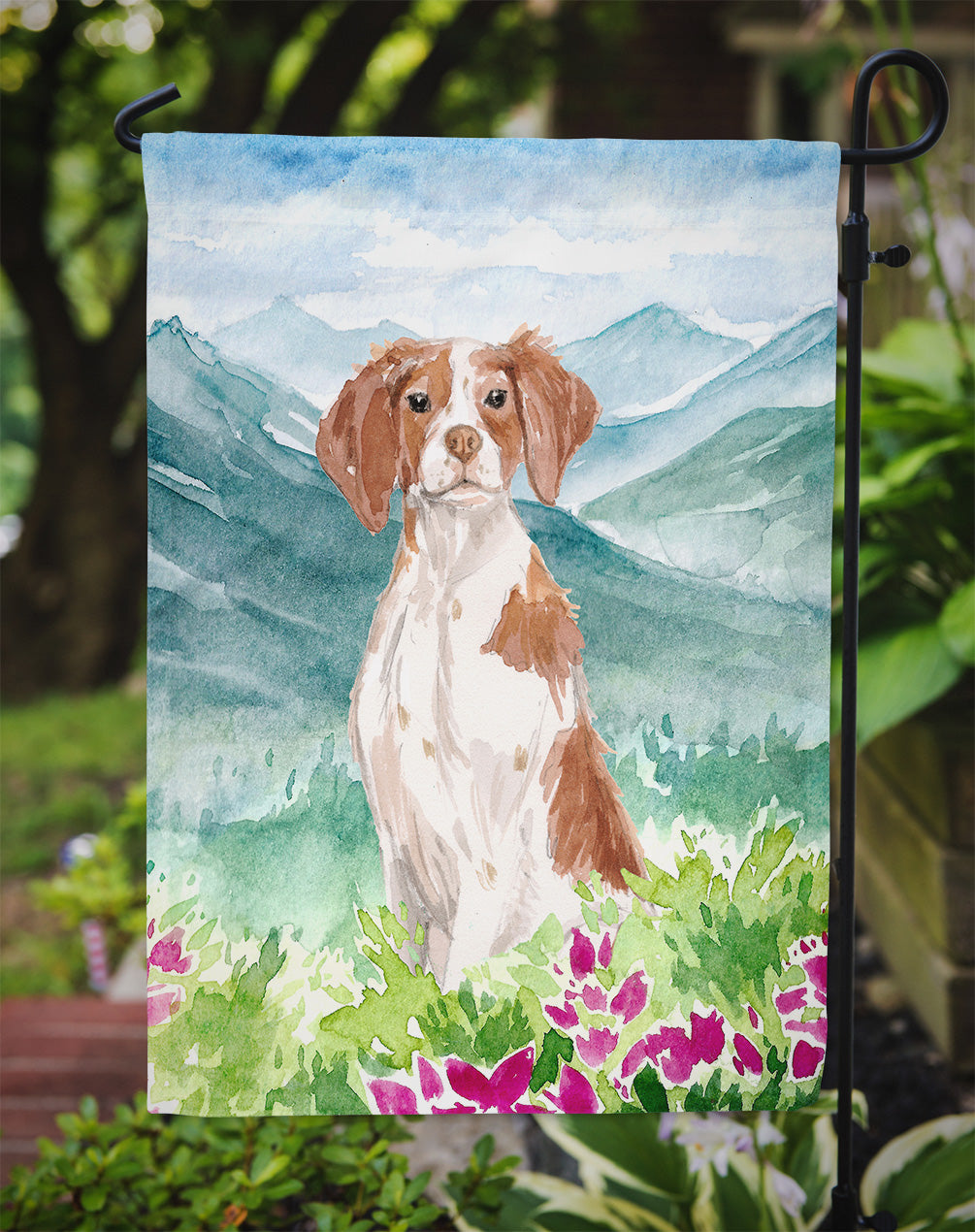 Mountian Flowers Brittany Spaniel Garden Flag Mailbox Decorative Yard Banner Outside Patio Artwork for Flower Beds, Garden Size, Multicolor