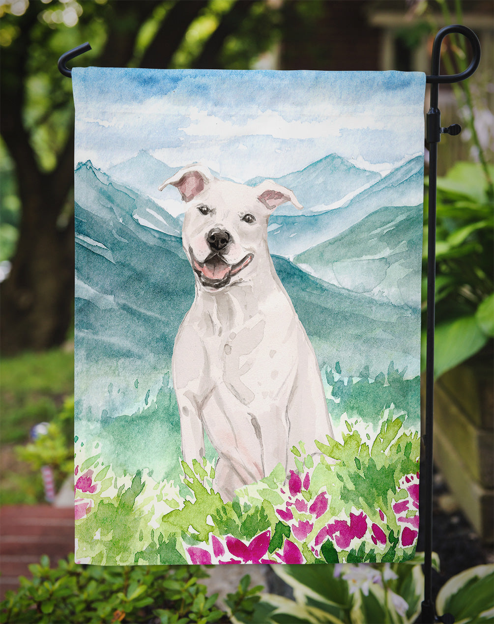 Mountian Flowers White Staffie Bull Terrier Garden Flag Mailbox Decorative Yard Banner Outside Patio Artwork for Flower Beds, Garden Size, Multicolor