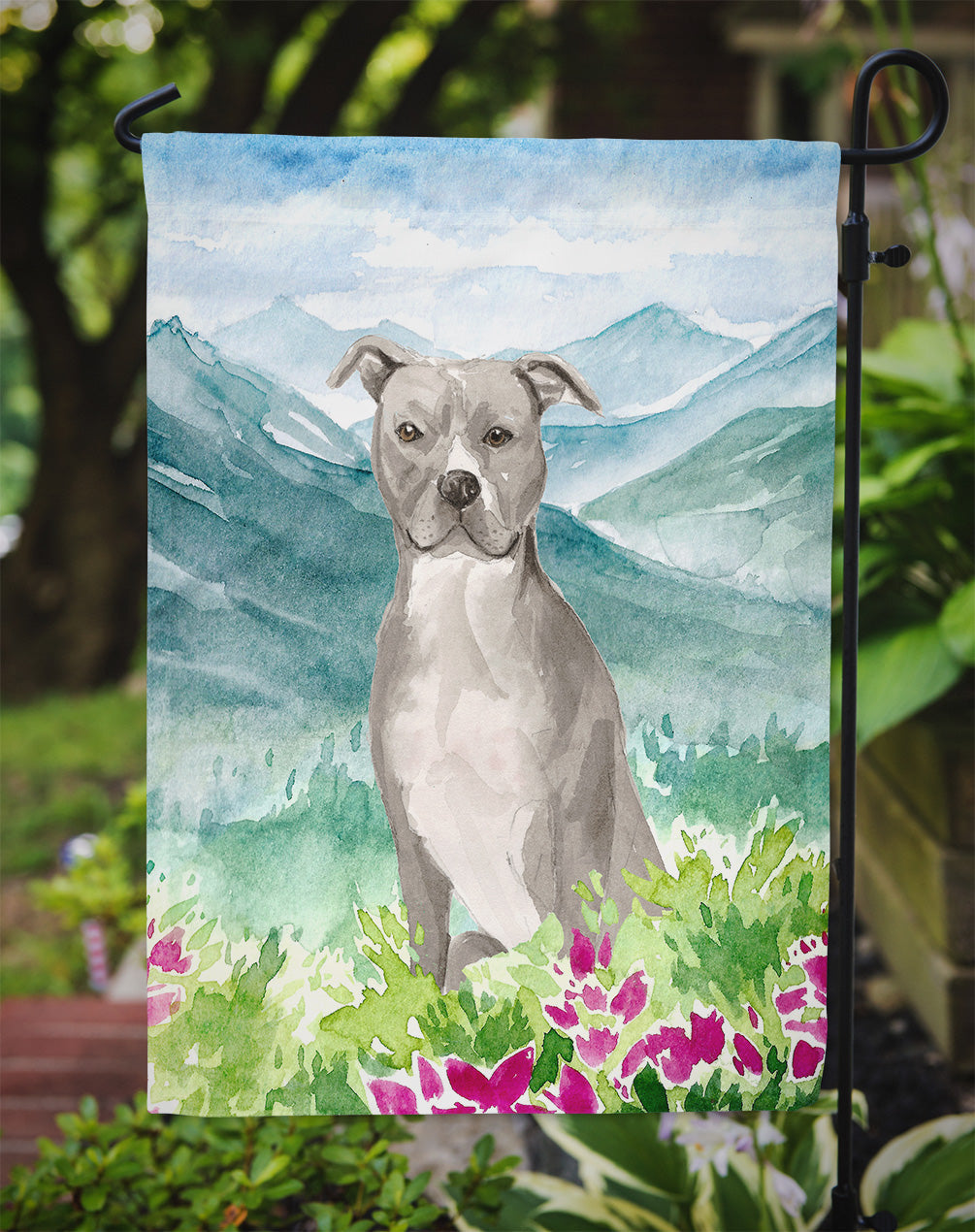 Mountian Flowers Staffordshire Bull Terrier Garden Flag Mailbox Decorative Yard Banner Outside Patio Artwork for Flower Beds, Garden Size, Multicolor