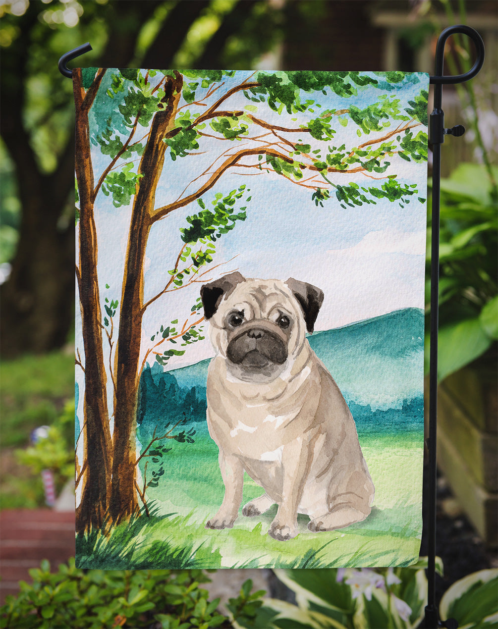Under the Tree Fawn Pug Garden Flag Mailbox Decorative Yard Banner Outside Patio Artwork for Flower Beds, Garden Size, Multicolor