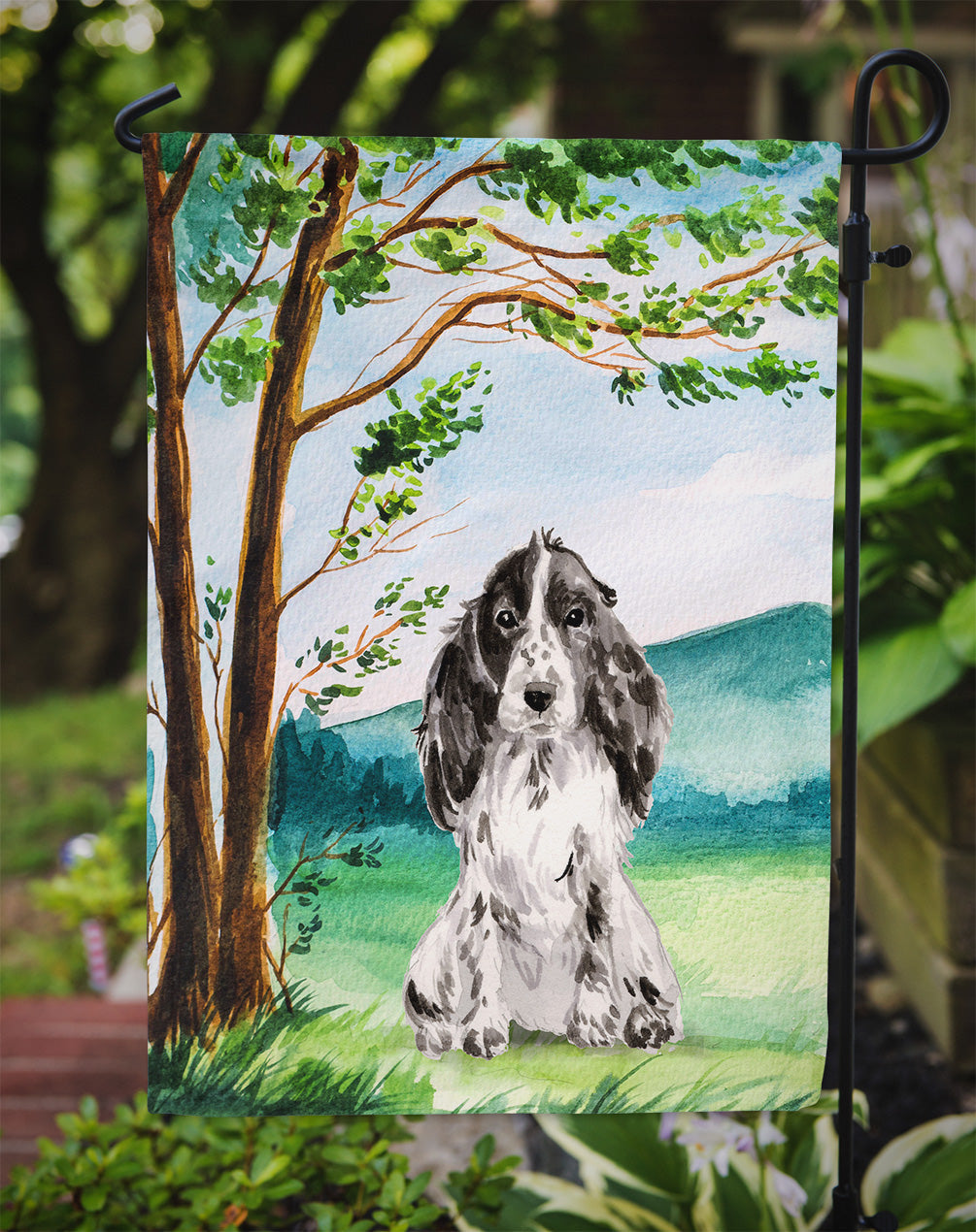 Under the Tree Black Parti Cocker Spaniel Garden Flag Mailbox Decorative Yard Banner Outside Patio Artwork for Flower Beds, Garden Size, Multicolor