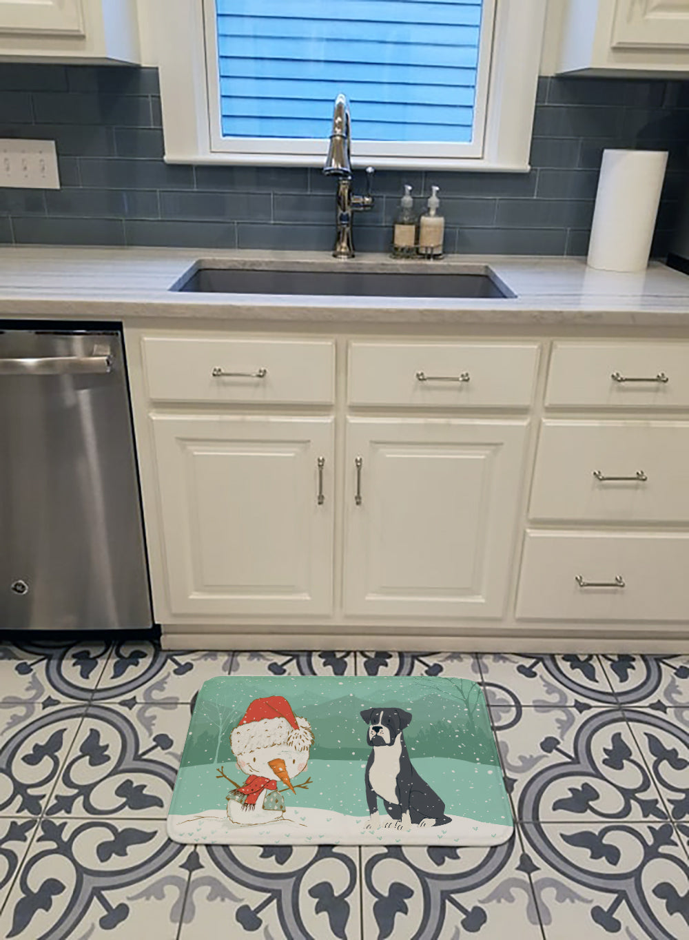 Black Boxer and Snowman Christmas Memory Foam Kitchen Mat Machine Washable Anti-Fatigue Cushion Comfort Bath or Kitchen Rug