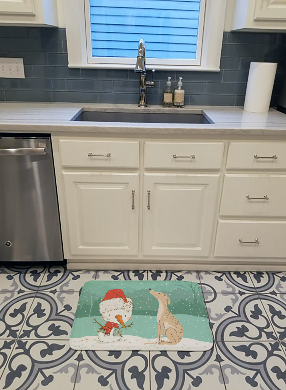 Brindle Greyhound Snowman Christmas Memory Foam Kitchen Mat Machine Washable Anti-Fatigue Cushion Comfort Bath or Kitchen Rug