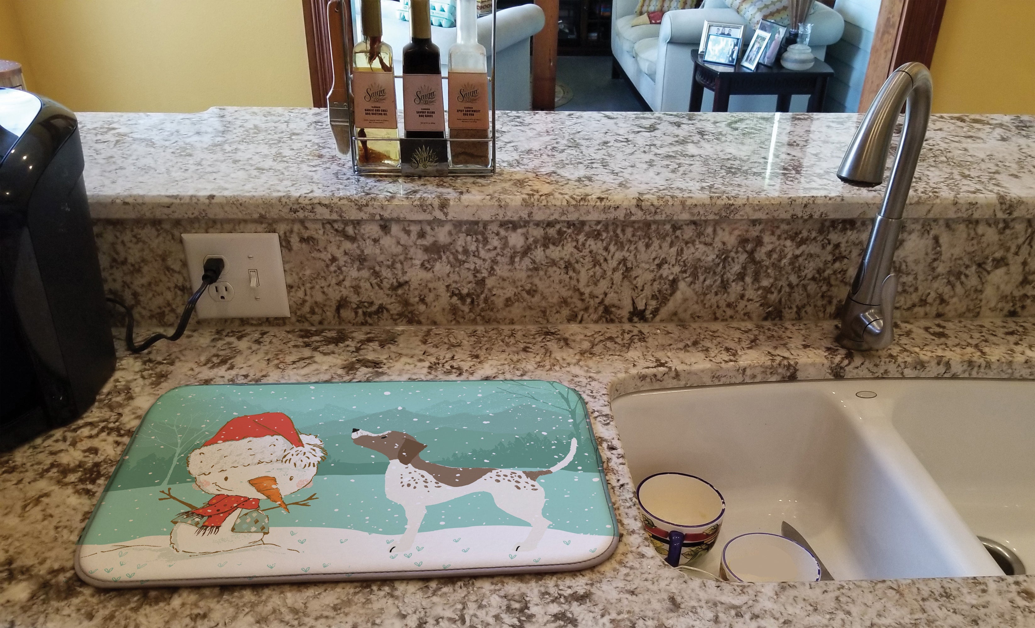 German Shorthair Snowman Christmas Dish Drying Mat Absorbent Dish Drying Mat Pad for Kitchen Counter Dish Drainer Mat for Countertop, 14 x 21", Multicolor
