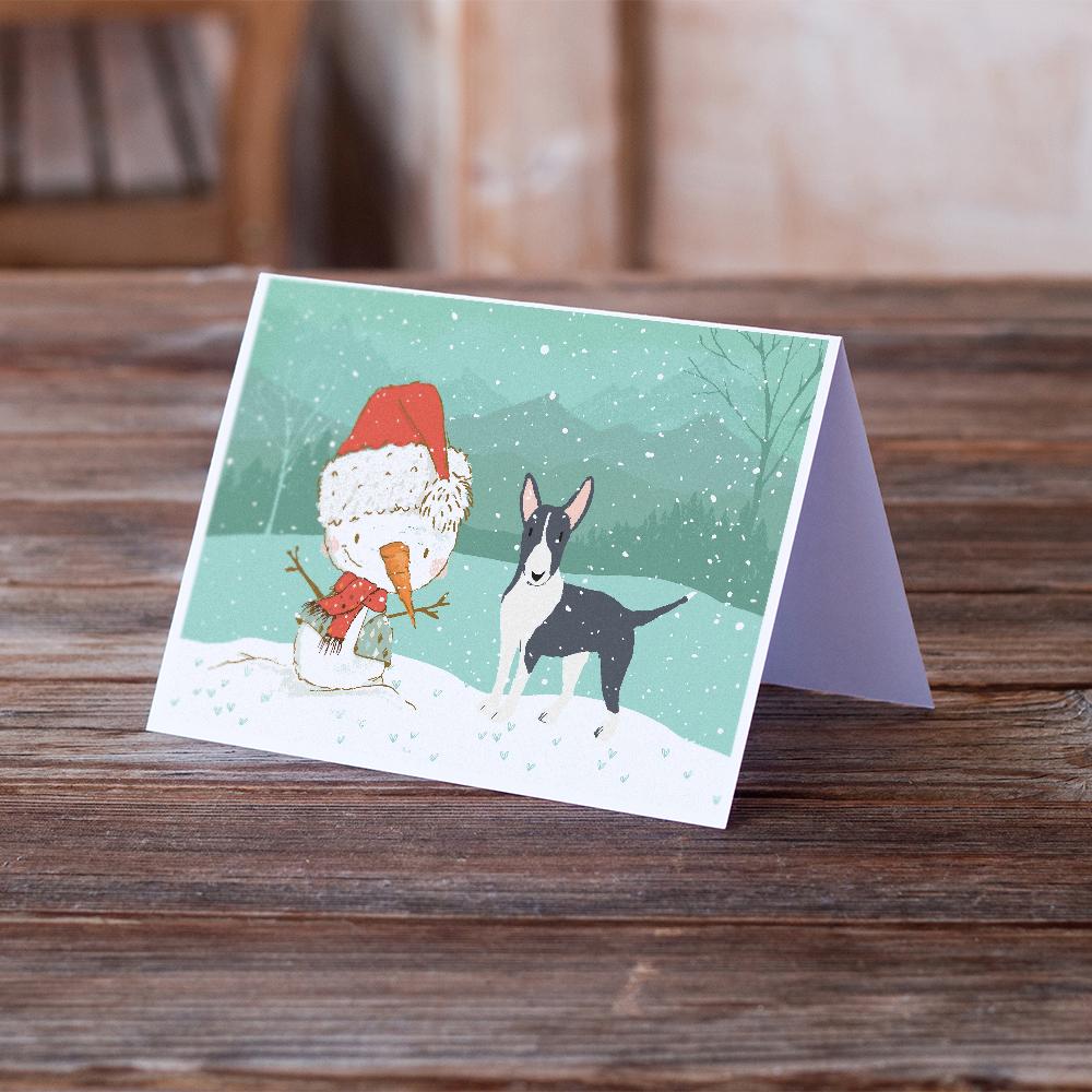 Black Bull Terrier Snowman Christmas Greeting Cards Pack of 8 Blank Cards with Envelopes Whimsical A7 Size 5x7
