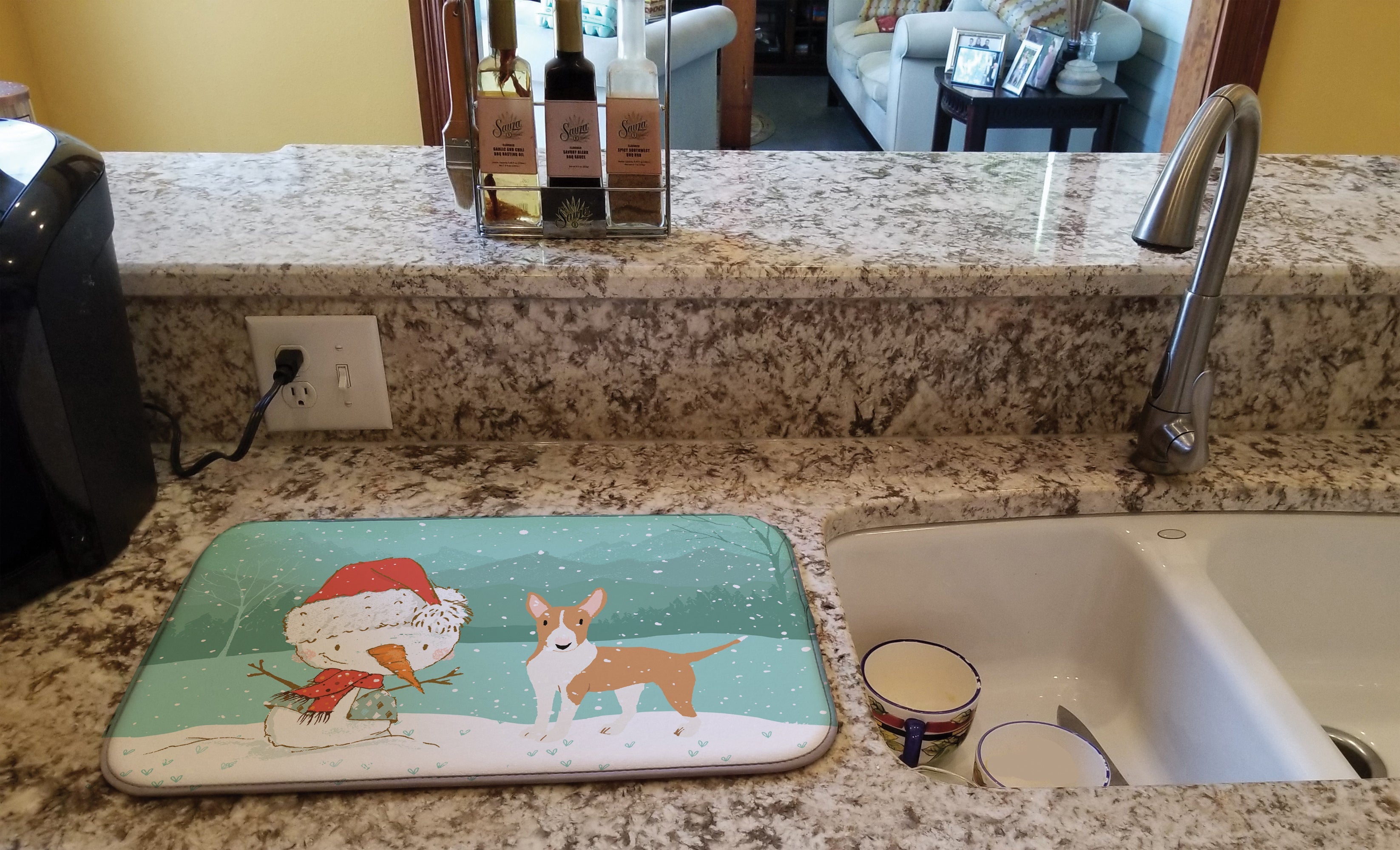 Fawn Bull Terrier Snowman Christmas Dish Drying Mat Absorbent Dish Drying Mat Pad for Kitchen Counter Dish Drainer Mat for Countertop, 14 x 21", Multicolor