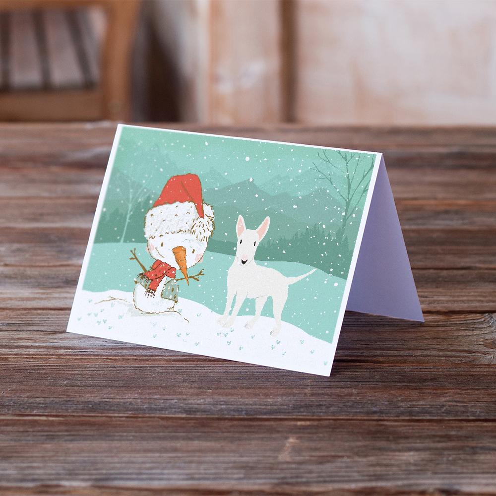 White Bull Terrier Snowman Christmas Greeting Cards Pack of 8 Blank Cards with Envelopes Whimsical A7 Size 5x7
