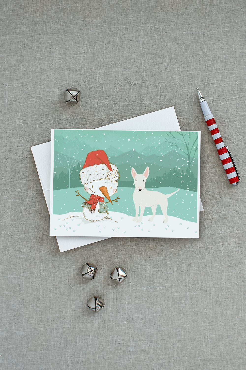 White Bull Terrier Snowman Christmas Greeting Cards Pack of 8 Blank Cards with Envelopes Whimsical A7 Size 5x7