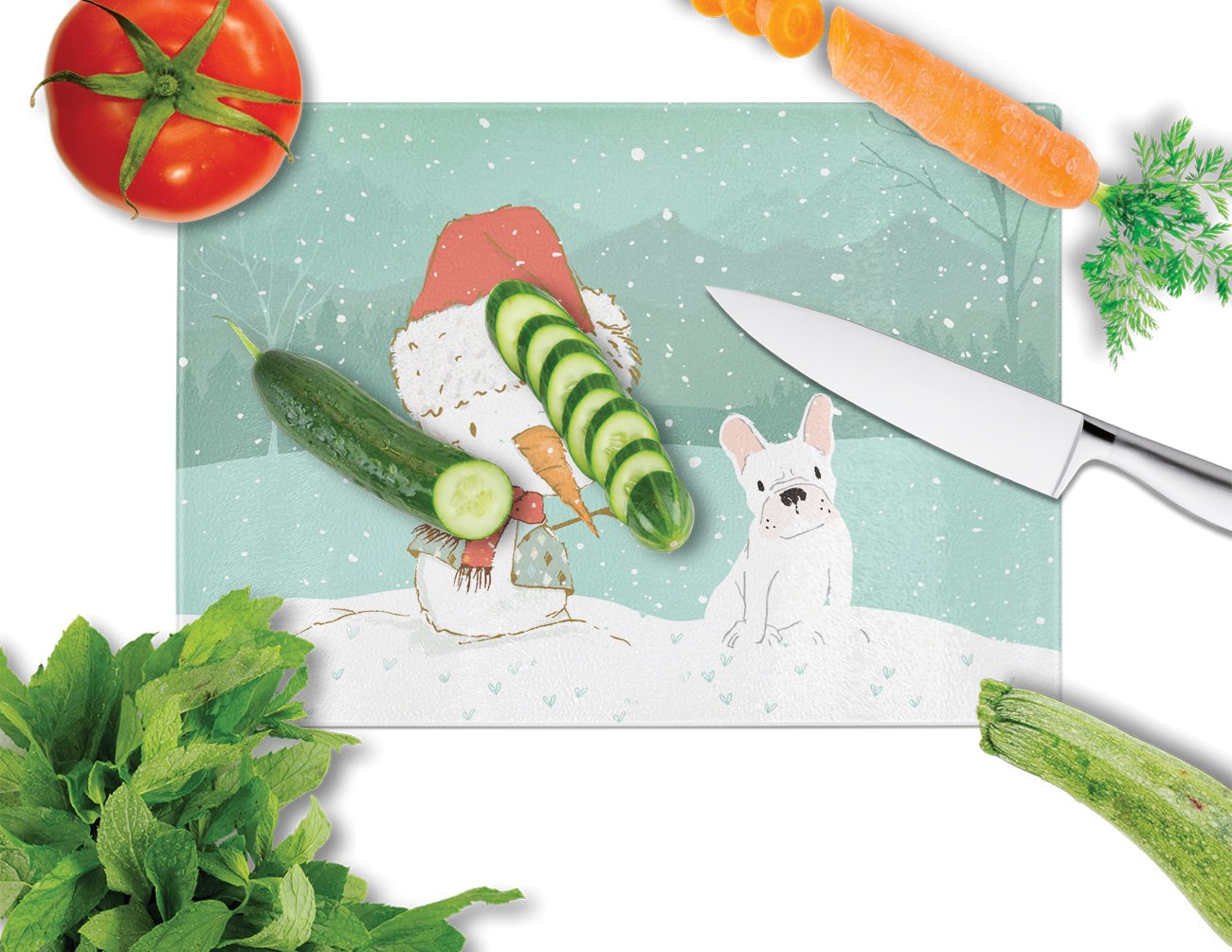 White French Bulldog Snowman Christmas Cutting Board Tempered Glass Kitchen Cutting Surface, Heat Resistant Chopping, Non-Slip Feet, Food Prep & Serving