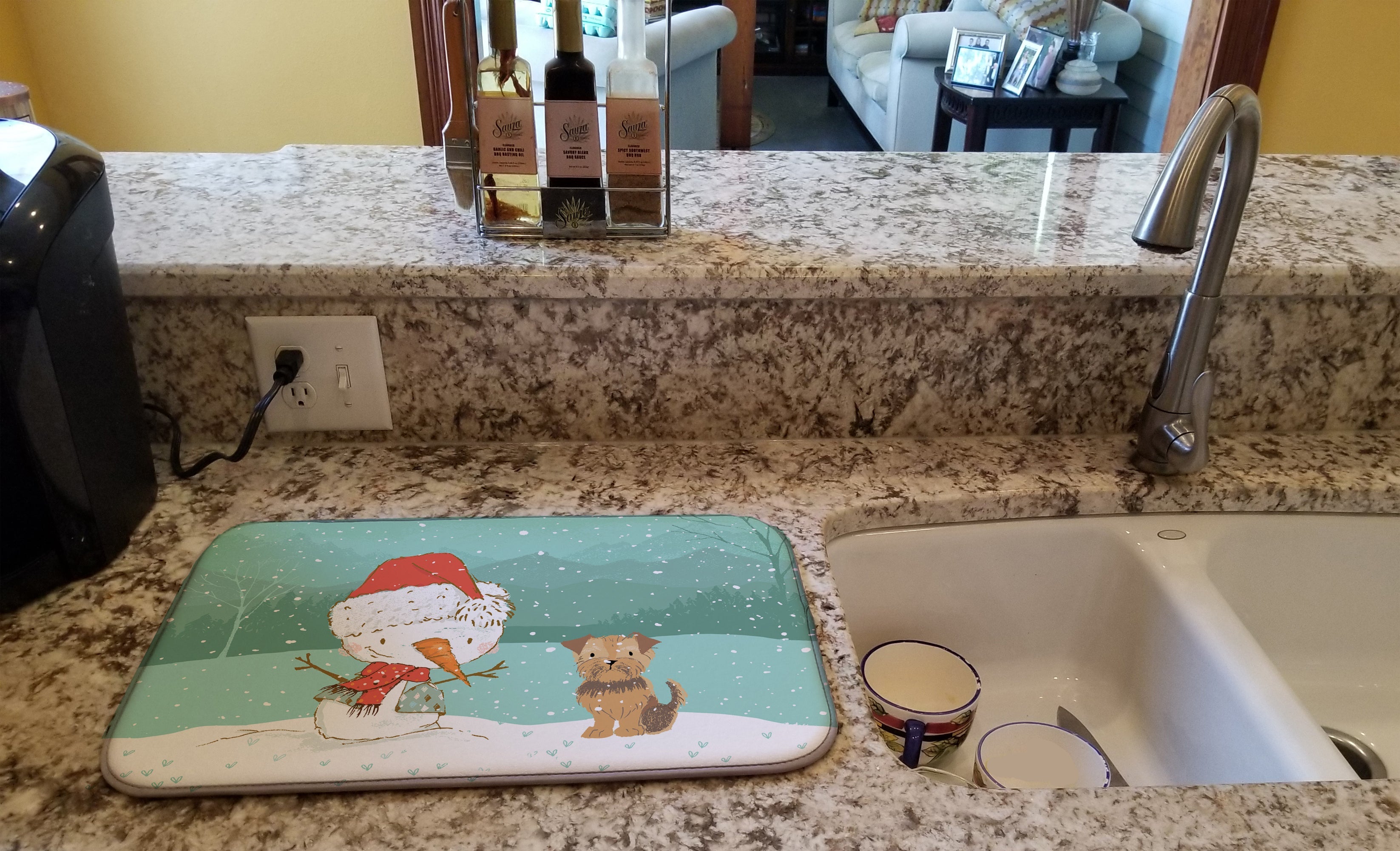 Yorkie Natural Ears Snowman Christmas Dish Drying Mat Absorbent Dish Drying Mat Pad for Kitchen Counter Dish Drainer Mat for Countertop, 14 x 21", Multicolor