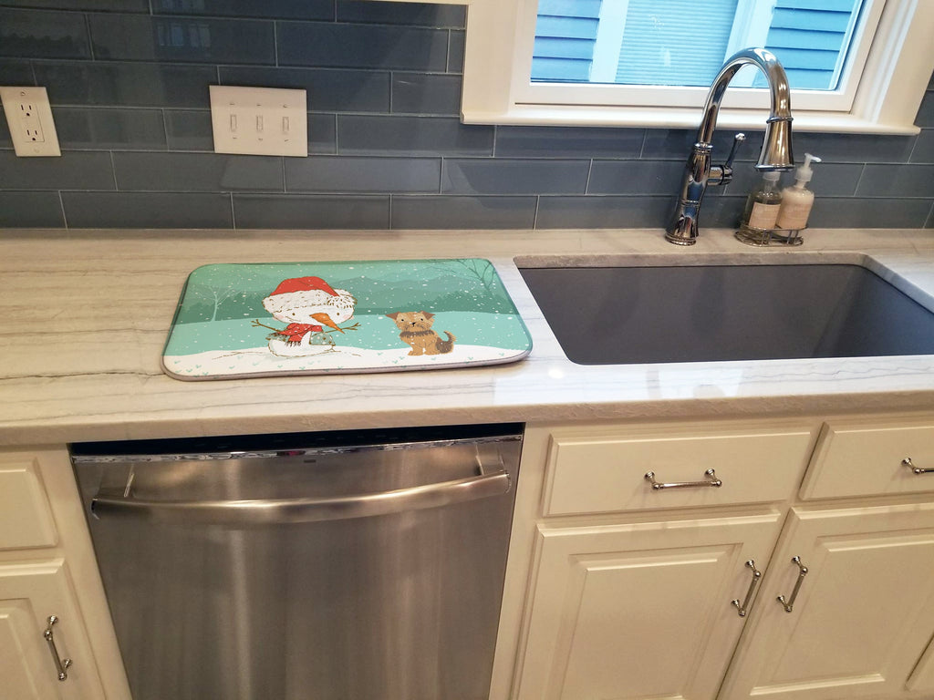 Yorkie Natural Ears Snowman Christmas Dish Drying Mat Absorbent Dish Drying Mat Pad for Kitchen Counter Dish Drainer Mat for Countertop, 14 x 21", Multicolor