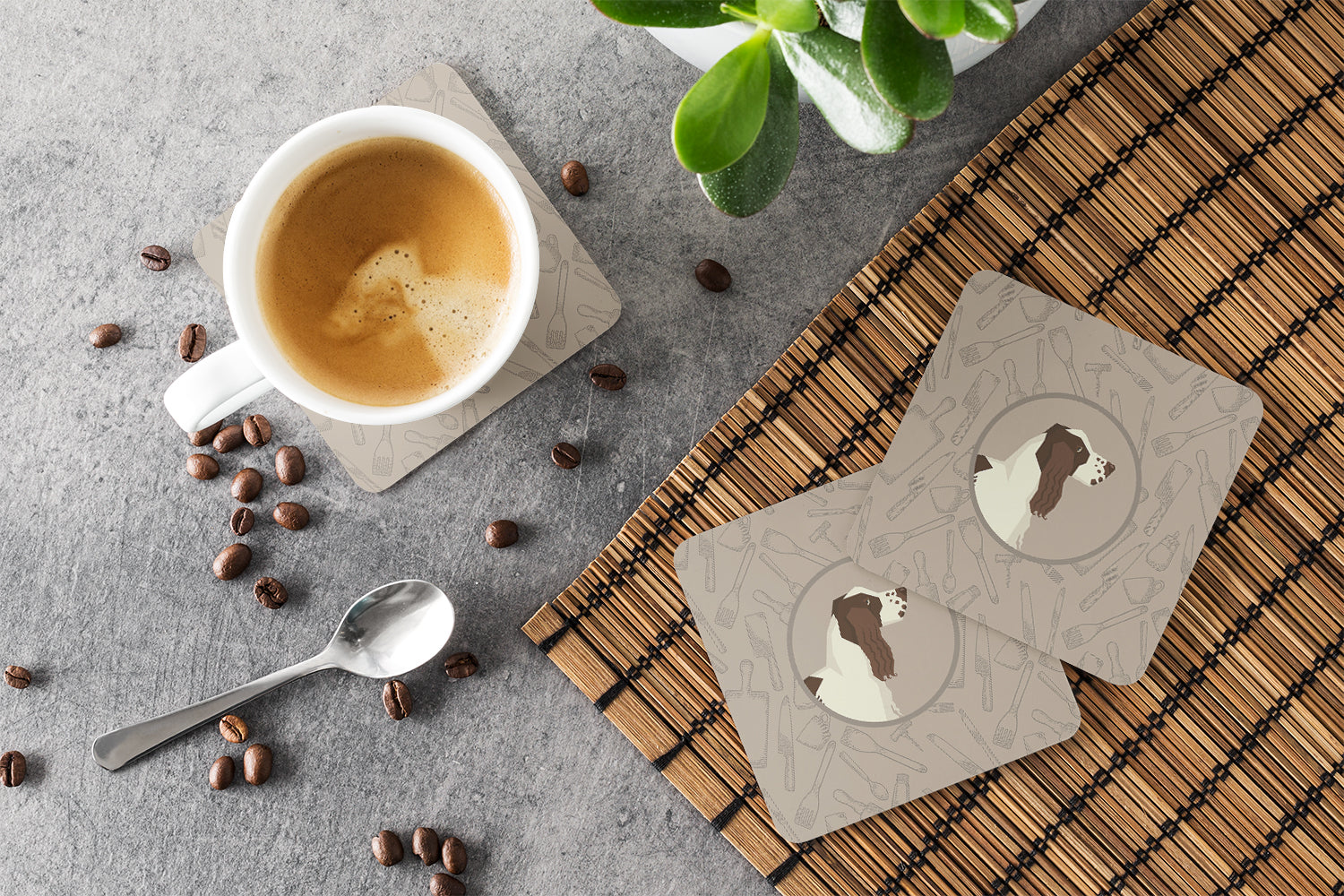English Springer Spaniel In the Kitchen Foam Coasters Set of 4 Cup Coasters for Indoor Outdoor, Tabletop Protection, Anti Slip, Mouse pad Material