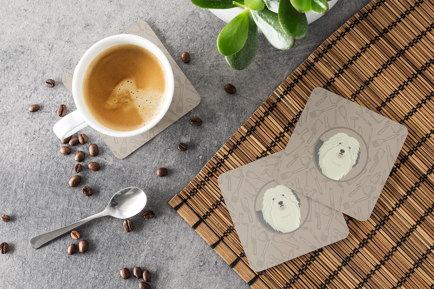 Old English Sheepdog In the Kitchen Foam Coasters Set of 4 Cup Coasters for Indoor Outdoor, Tabletop Protection, Anti Slip, Mouse pad Material