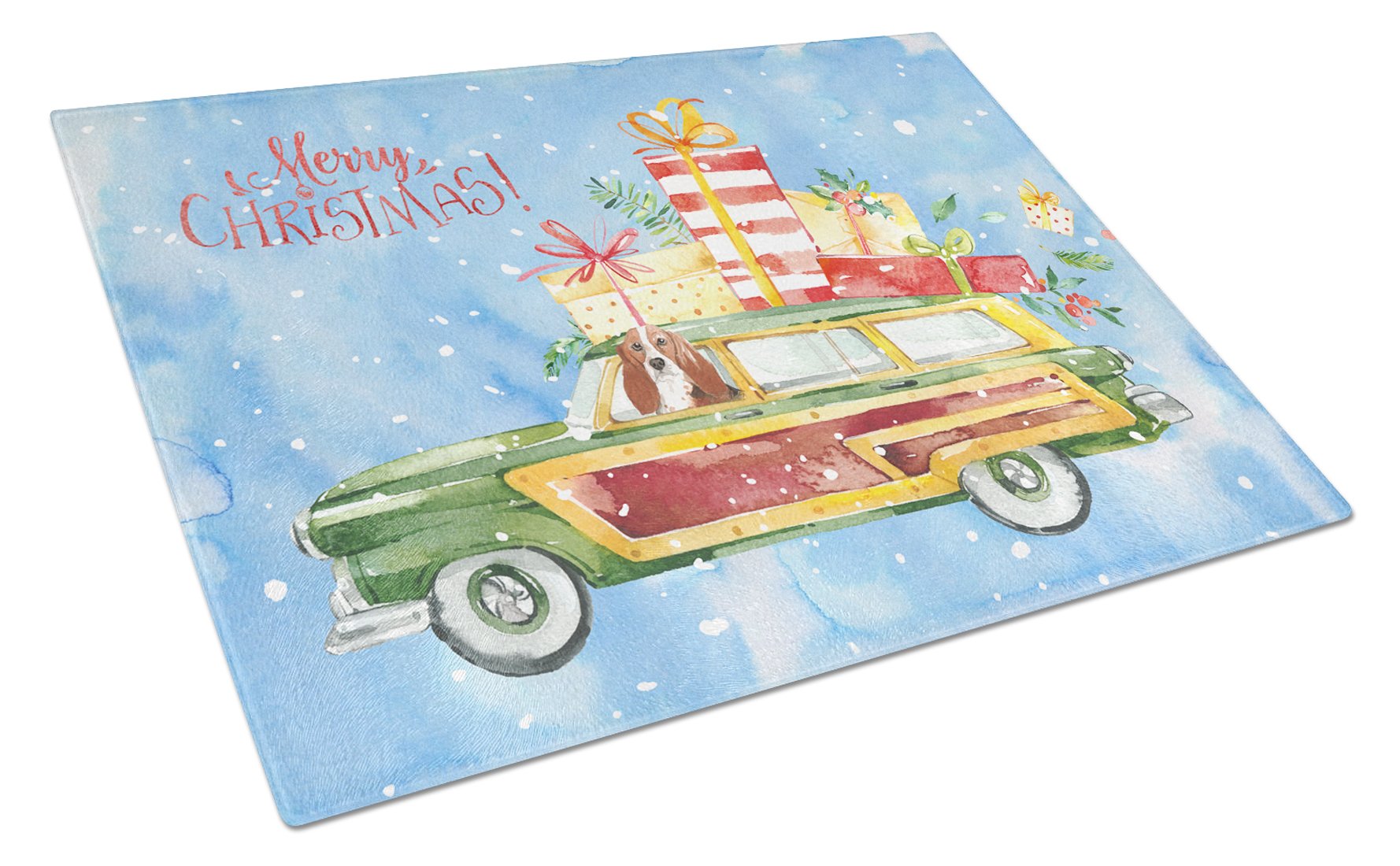 Merry Christmas Basset Hound Cutting Board Tempered Glass Kitchen Cutting Surface, Heat Resistant Chopping, Non-Slip Feet, Food Prep & Serving