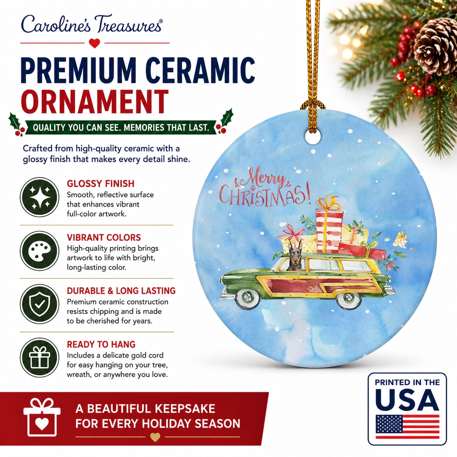 Merry Christmas Doberman Pinscher Ceramic Ornament Christmas Tree Hanging Decorations for Home Christmas Holiday, Party, Gift, 3 in, Multicolor